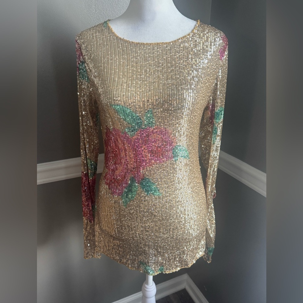 Free People Gold Rush Sequin Floral‎ Long Sleeve Top NWT Small